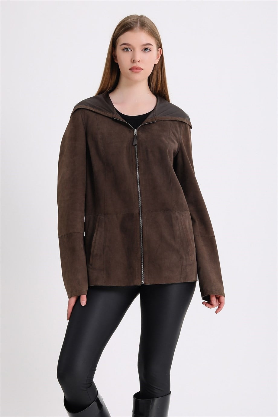 Manteau réversible daim cuir marron à capuche, LC Leather Club