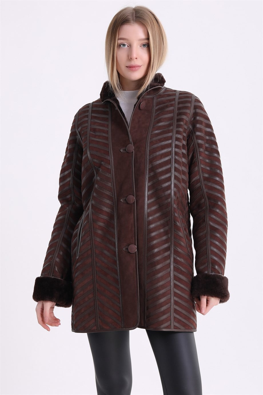 Brauner zweiseitiger Lammfellmantel, LC Leather Club