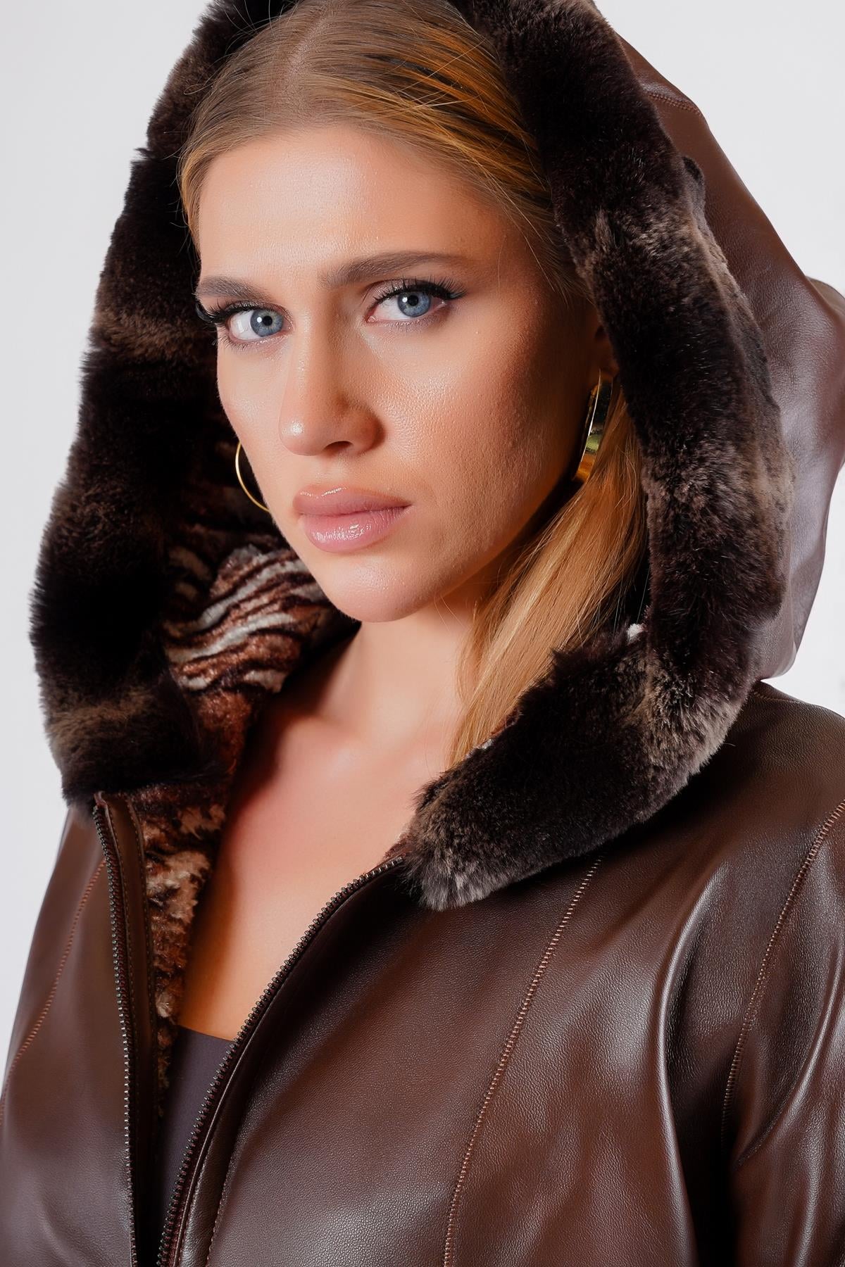Brown Reversible Genuine Leather Jacket with Rex Fur Trim | LC