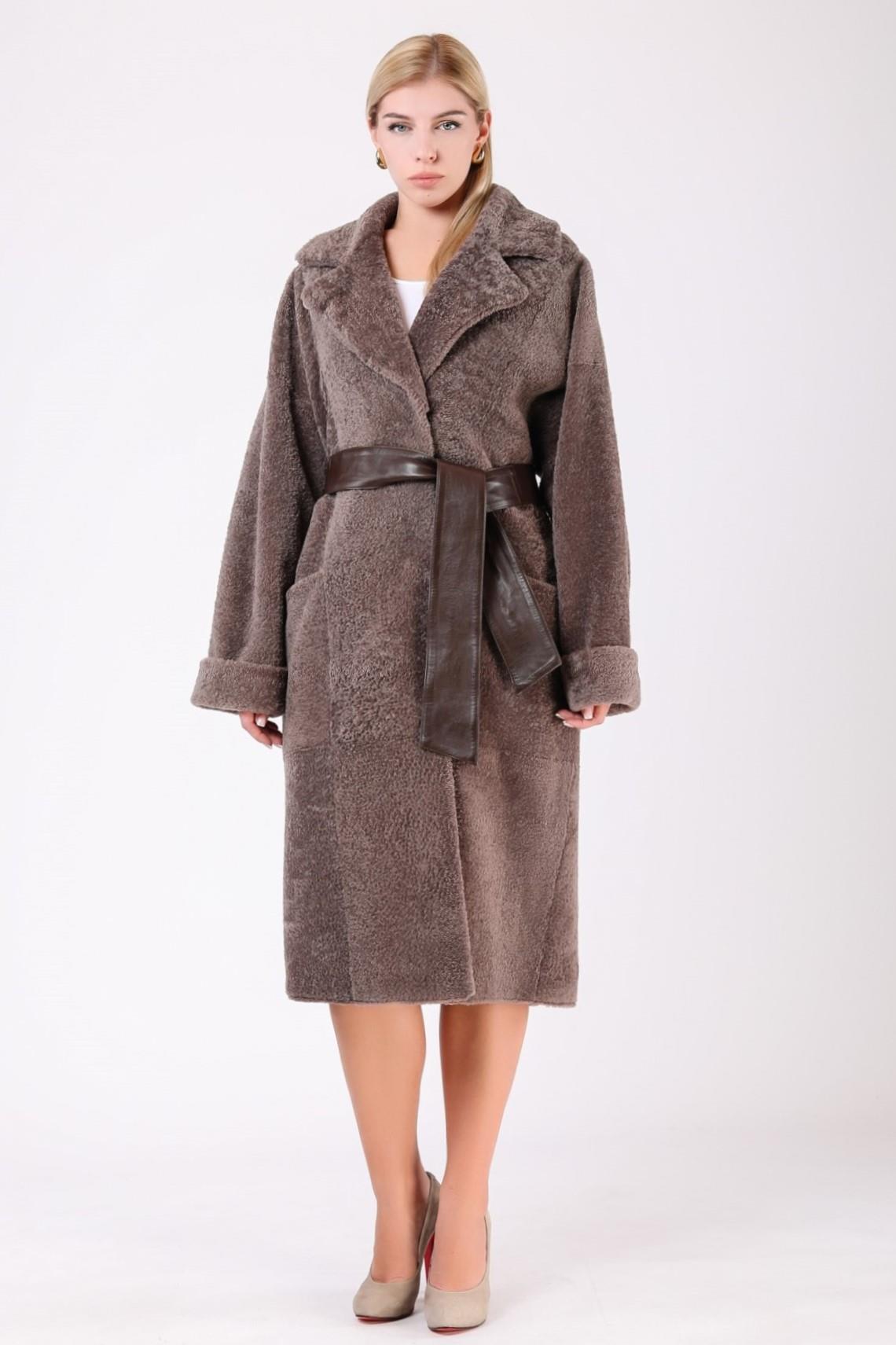 Bruine bontmantel met leren afwerking, LC Leather Club