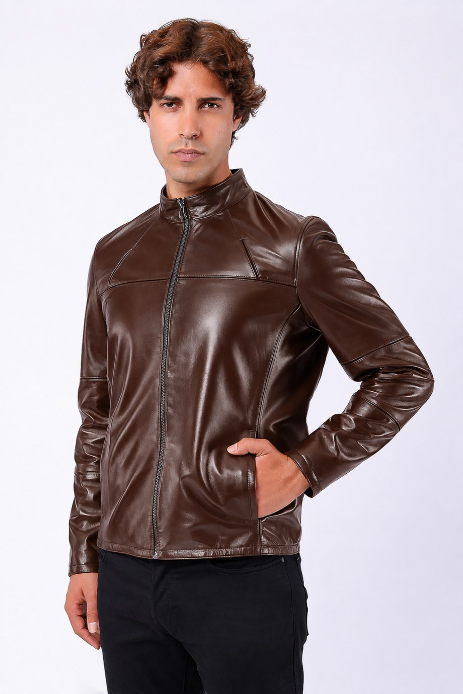 Kahve Dik Yaka Çift Taraflı Hakiki Deri Ceket, LC Leather Club