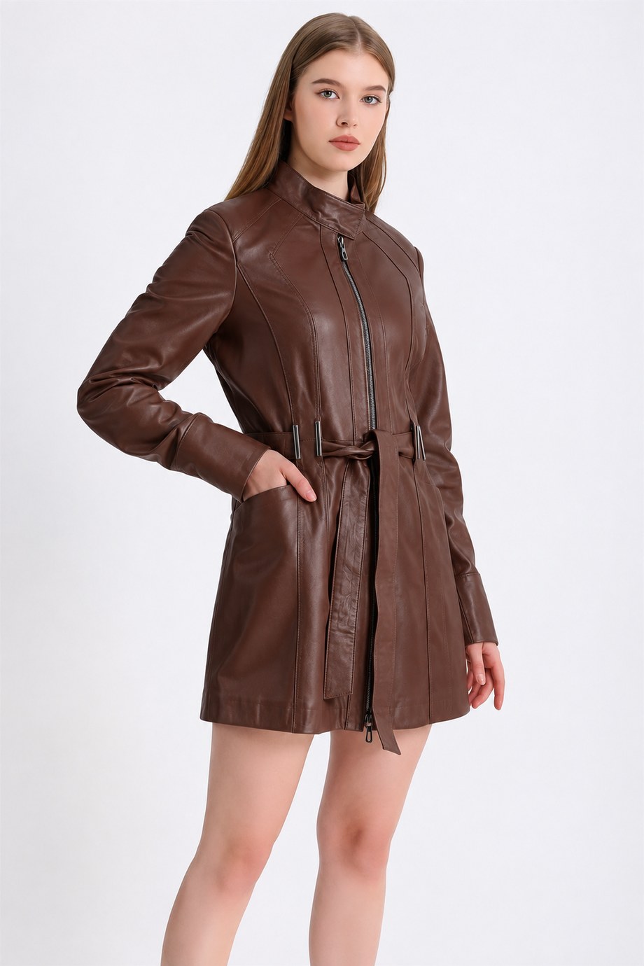 Kahve Dik Yaka Kemerli Deri Kaban, LC Leather Club