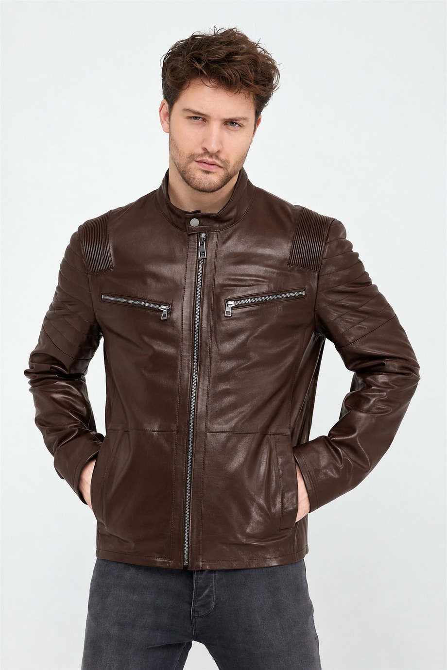 Kahve Fermuar Cepli Deri Ceket, LC Leather Club