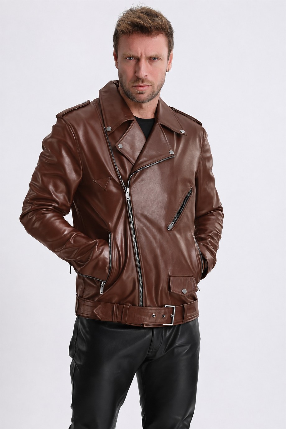 Kahve Fire Kruvaze Biker Deri Ceket, LC Leather Club