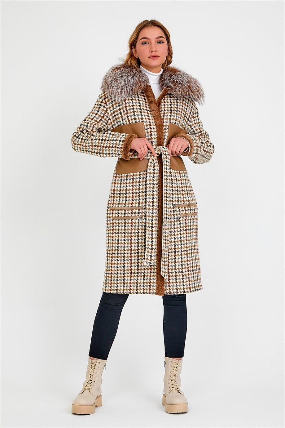 Manteau en alpaga marron avec garniture de renard doré, LC Leather Club