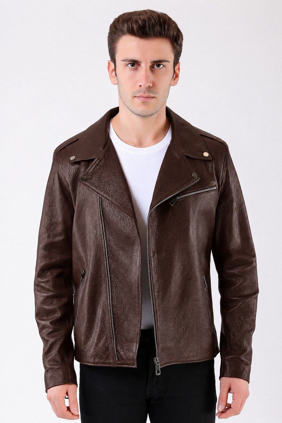 Kahve Jumbo Biker Hakiki Deri Ceket, LC Leather Club