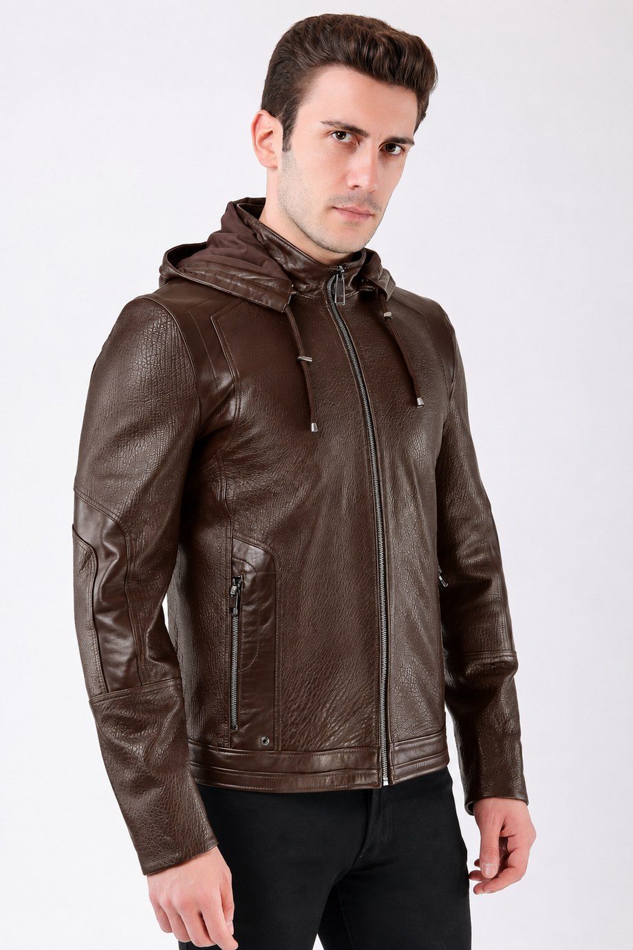 Kahve Kapüşonlu Jumbo Hakiki Deri Ceket, LC Leather Club