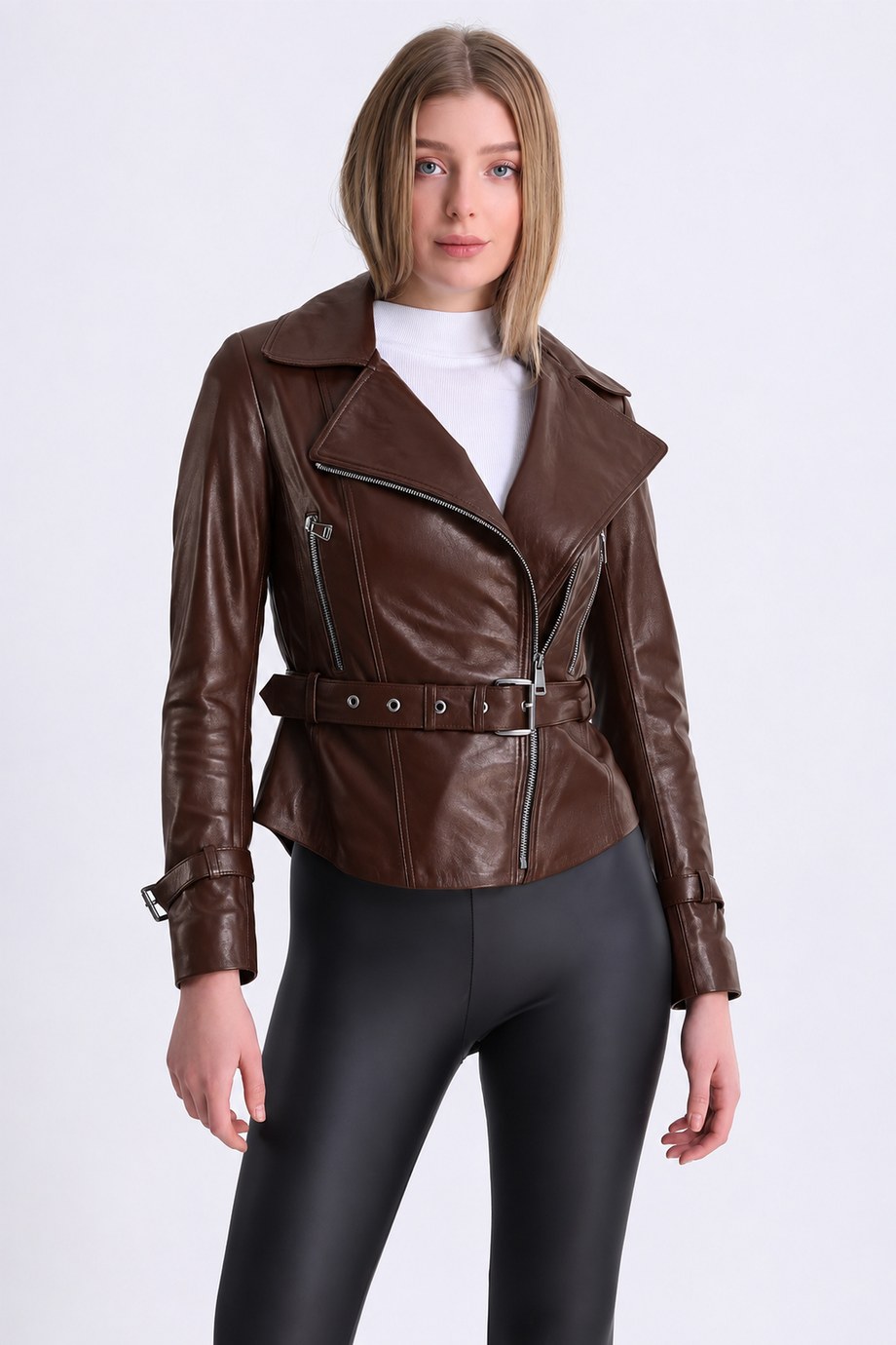 Kahve Kemer Aksesuarlı Fitted Deri Ceket, LC Leather Club