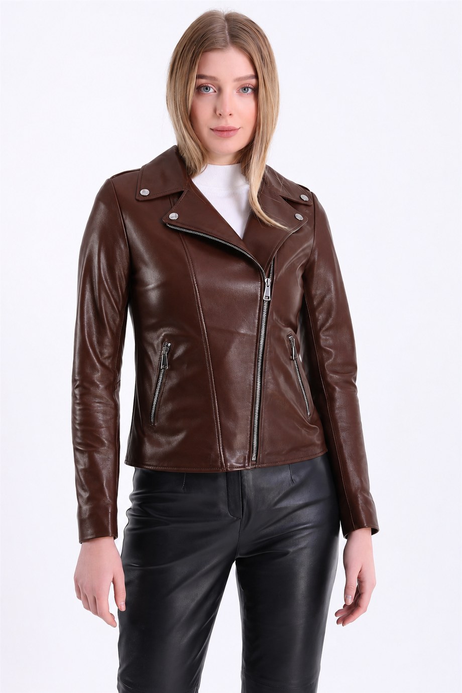 Kahve Kemer Aksesuarlı Fitted Deri Ceket, LC Leather Club