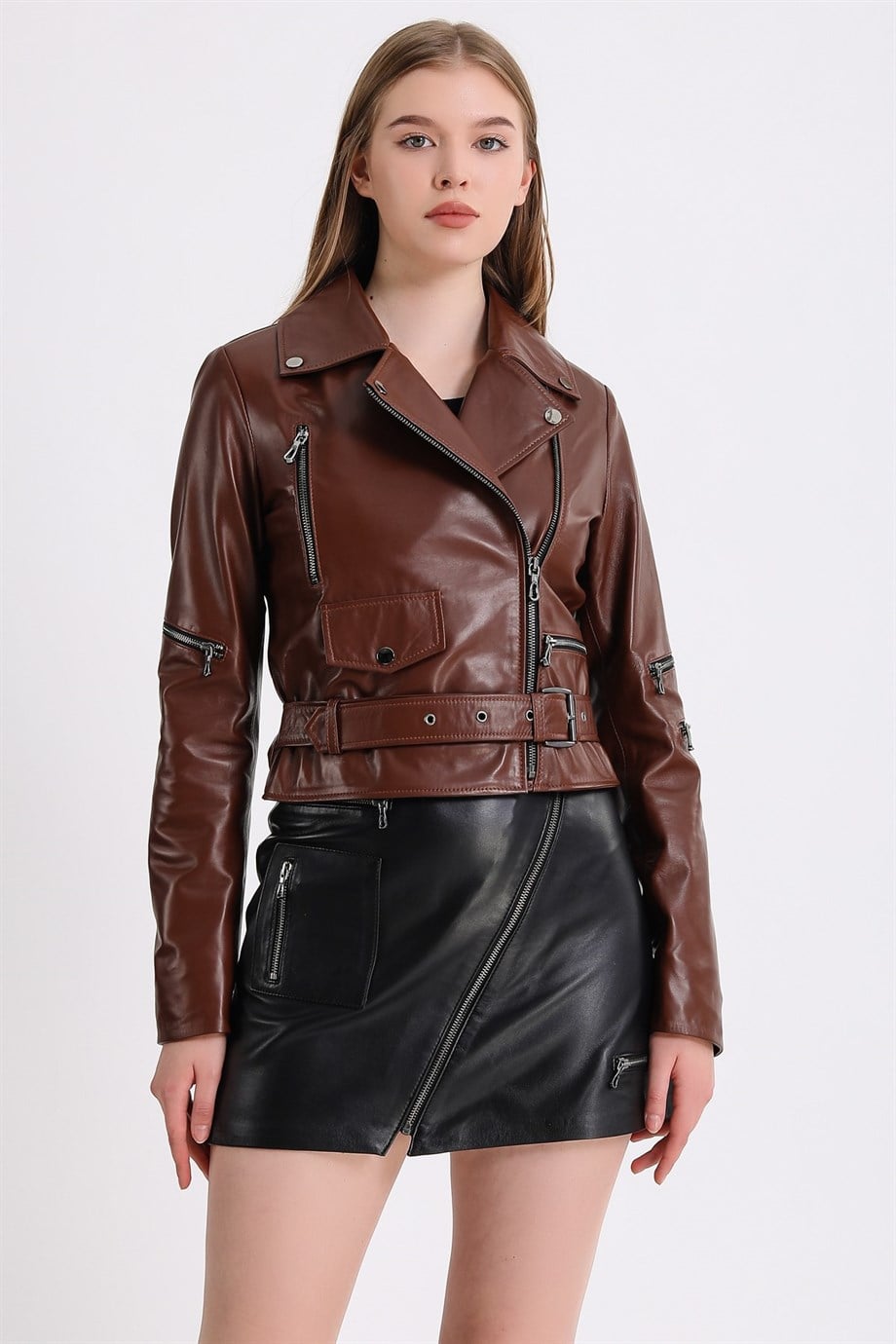 Veste biker croisée en cuir marron, LC Leather Club