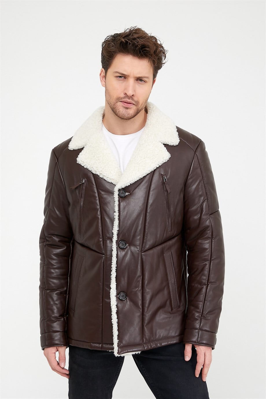 Manteau croisé en fourrure de mouton marron, LC Leather Club