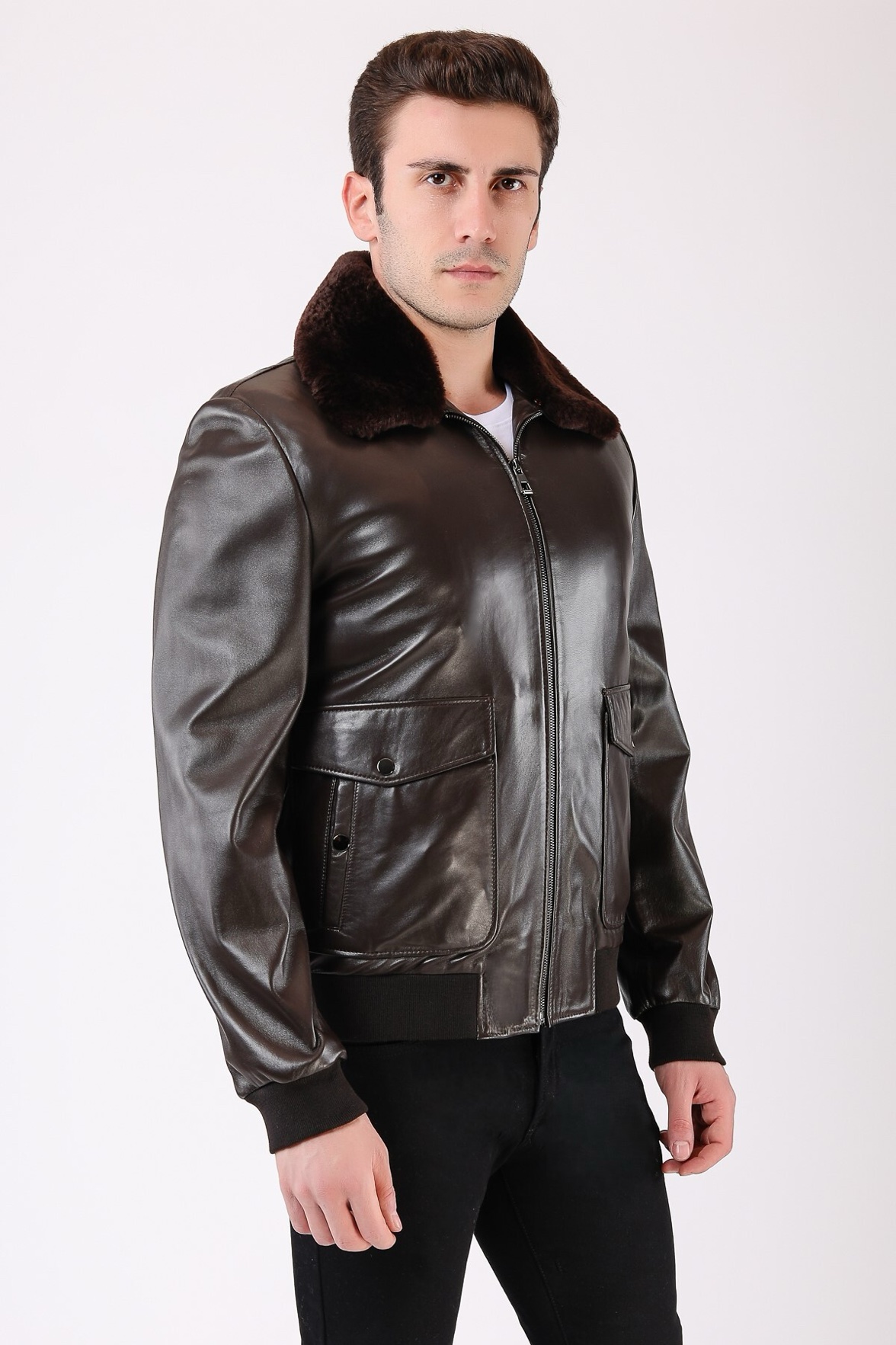 Brązowa kurtka aviator ze skóry naturalnej z wykończeniem z futra, LC Leather Club