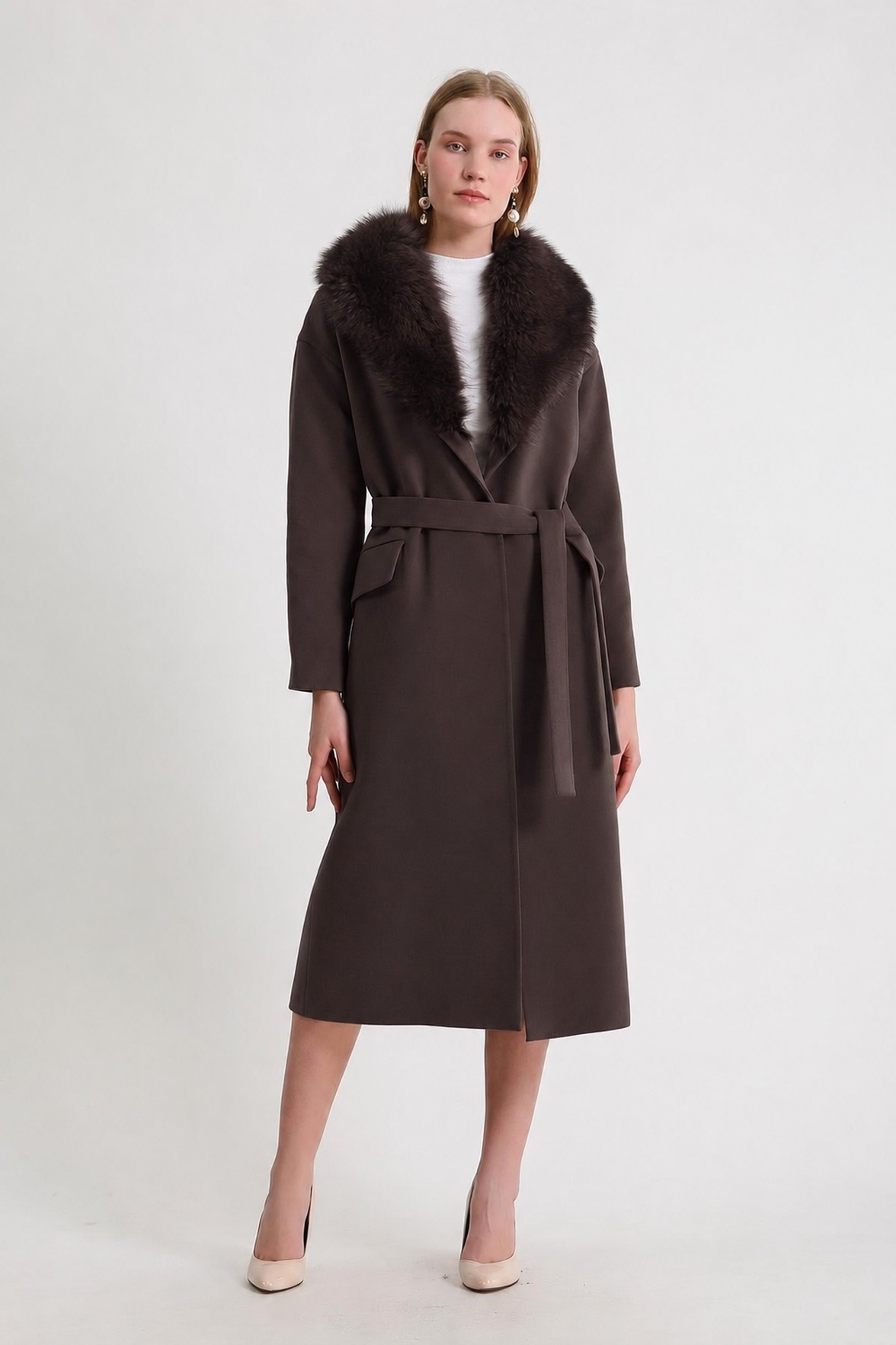 Bruine kasjmier mantel met bontafwerking, LC Leather Club