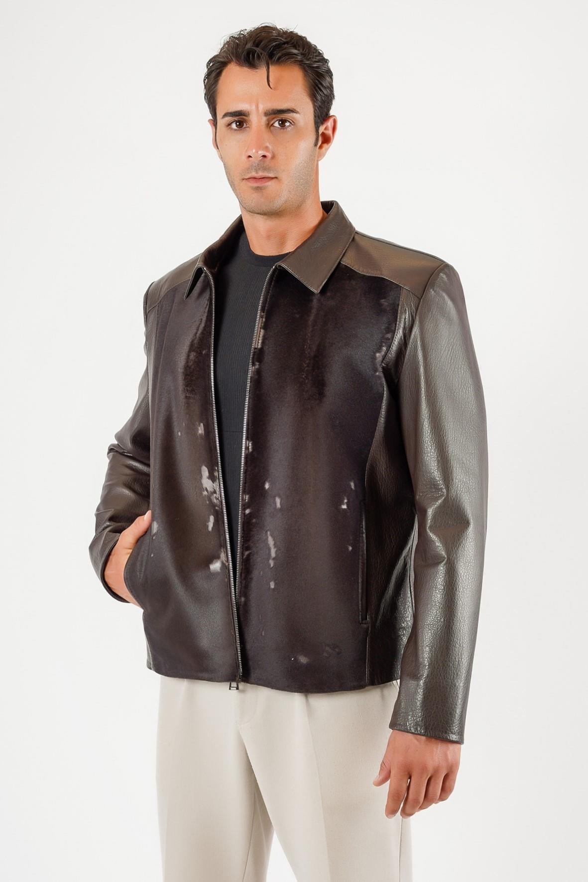 Bruine lerenjacket met vossbontrand, LC Leather Club