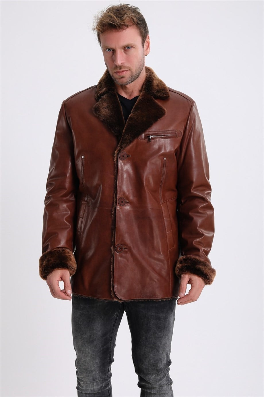 Brown Leather Coat with Fur Lining, LC Leather Club