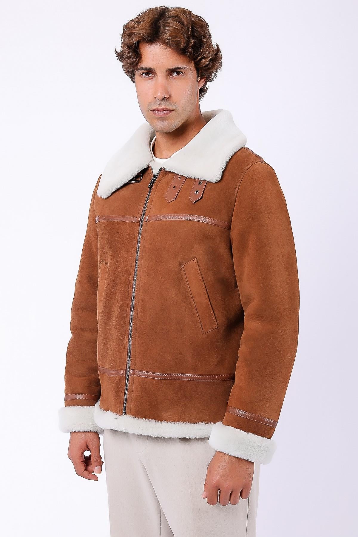 Bruine suèdemantel met vossbontvoering, LC Leather Club