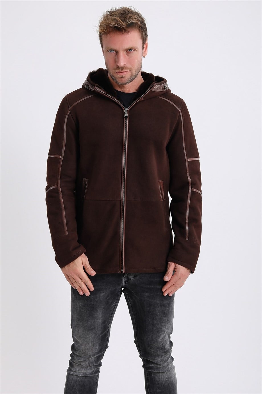 Manteau en daim et cuir brun doublé en fourrure d'agneau, LC Leather Club