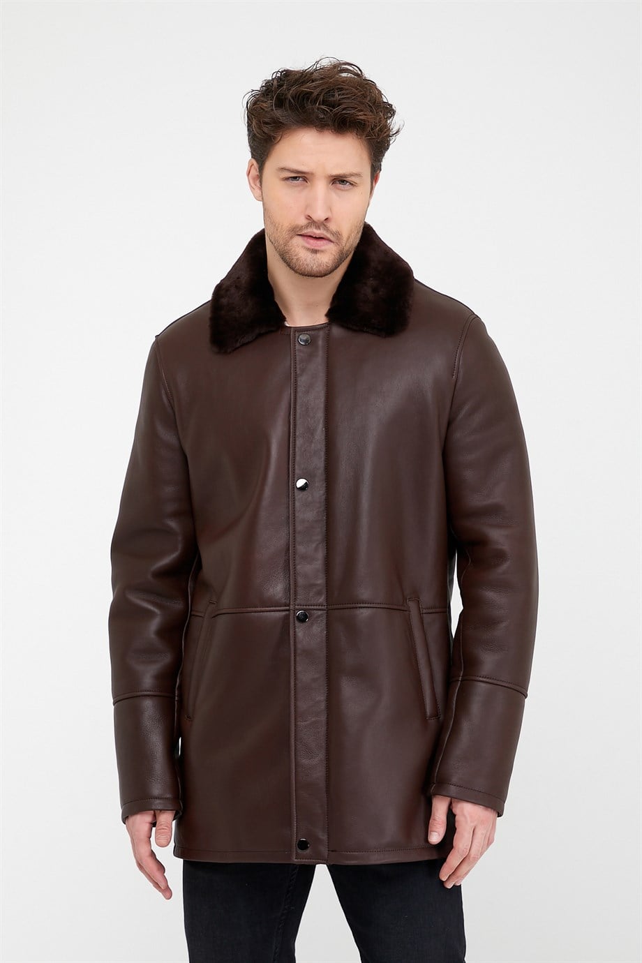Manteau en fourrure d'agneau marron, LC Leather Club