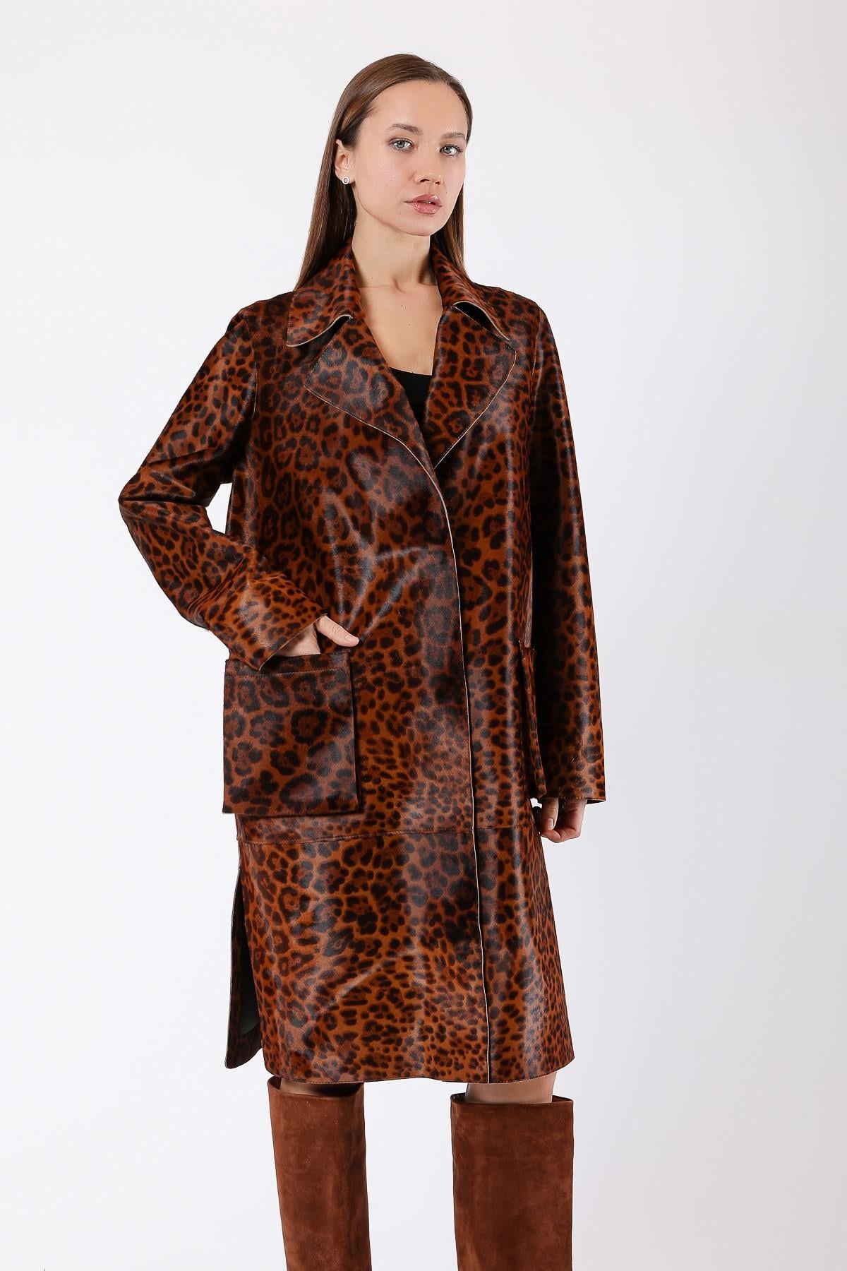Manteau en cuir authentique marron à motif léopard, LC Leather Club
