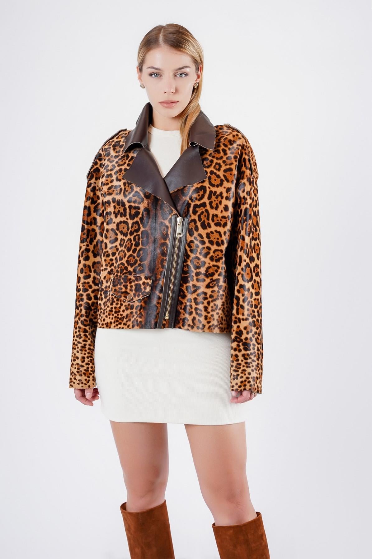 Manteau en cuir brun motif léopard, LC Leather Club