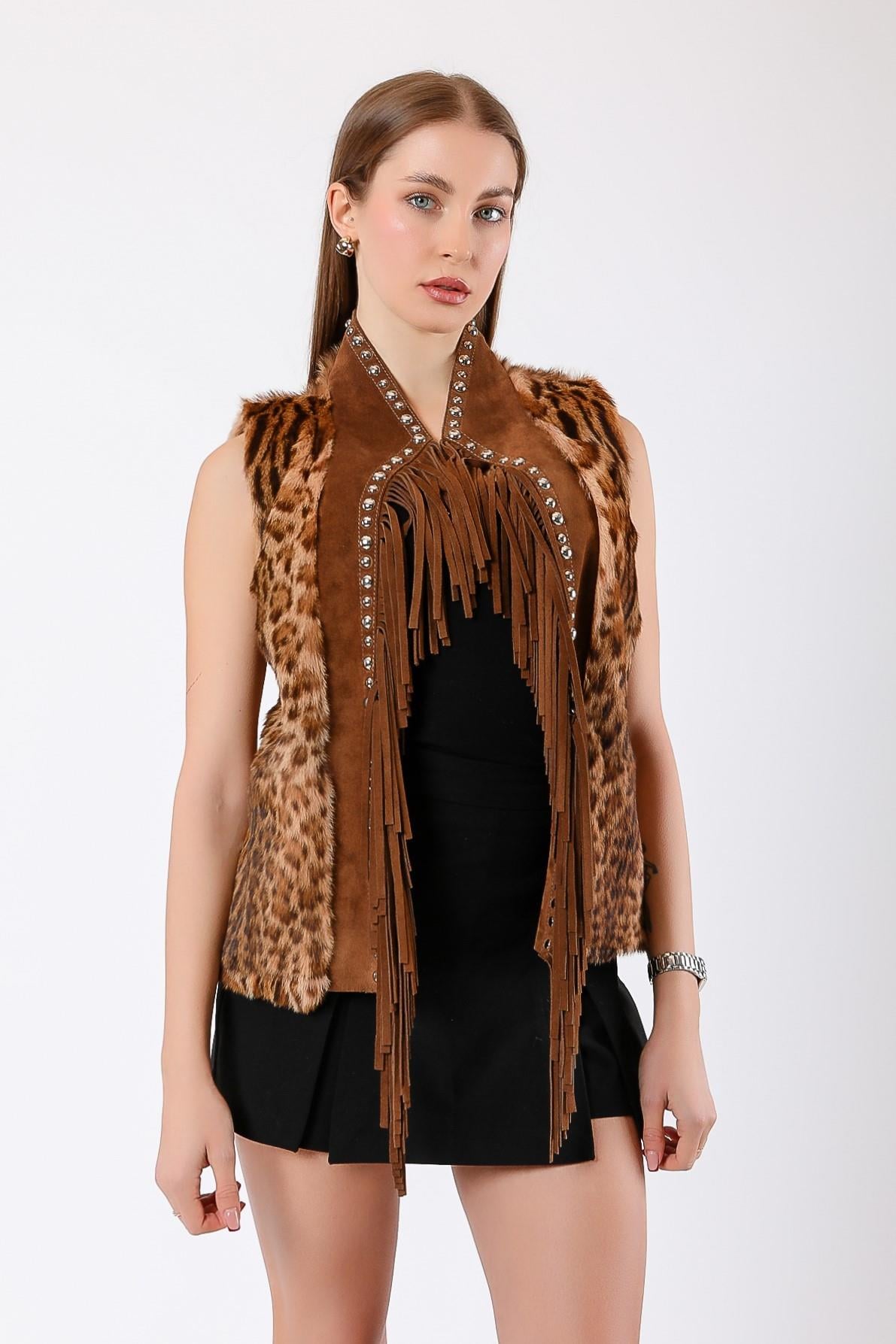 Gilet en daim et fourrure motif léopard marron, LC Leather Club