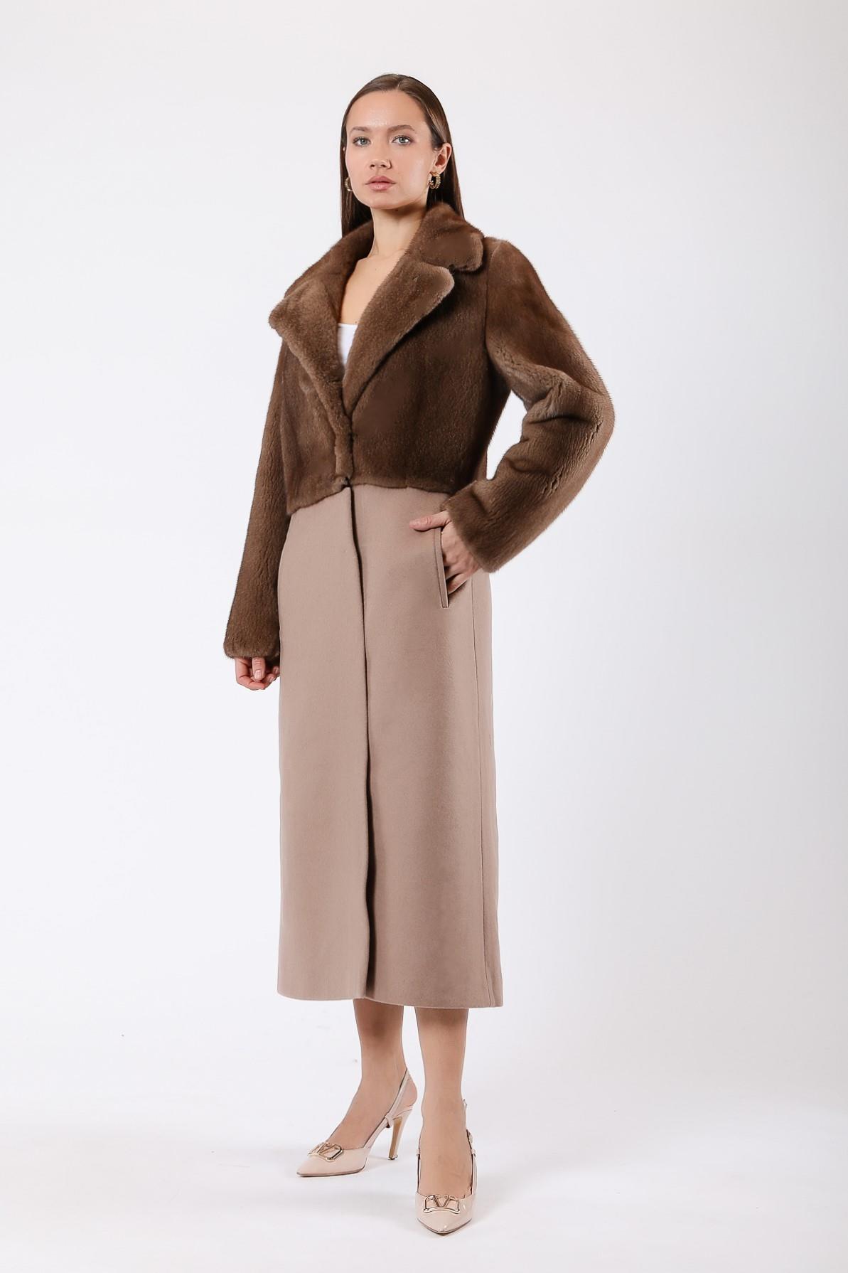 Manteau en cachemire marron avec garniture de fourrure de vison, LC Leather Club