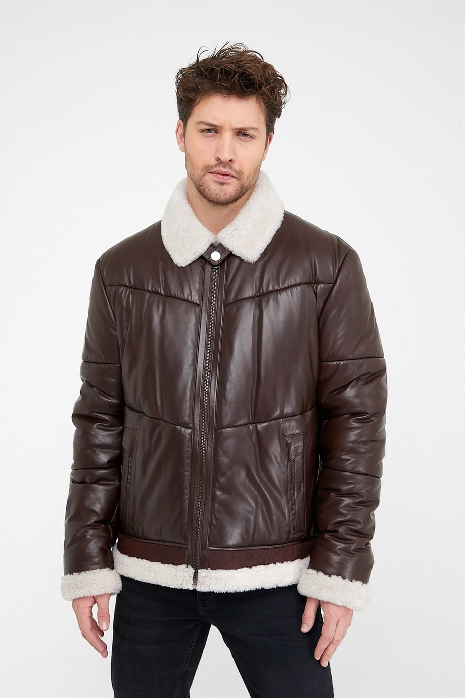 Manteau en fourrure de mouton marron, LC Leather Club