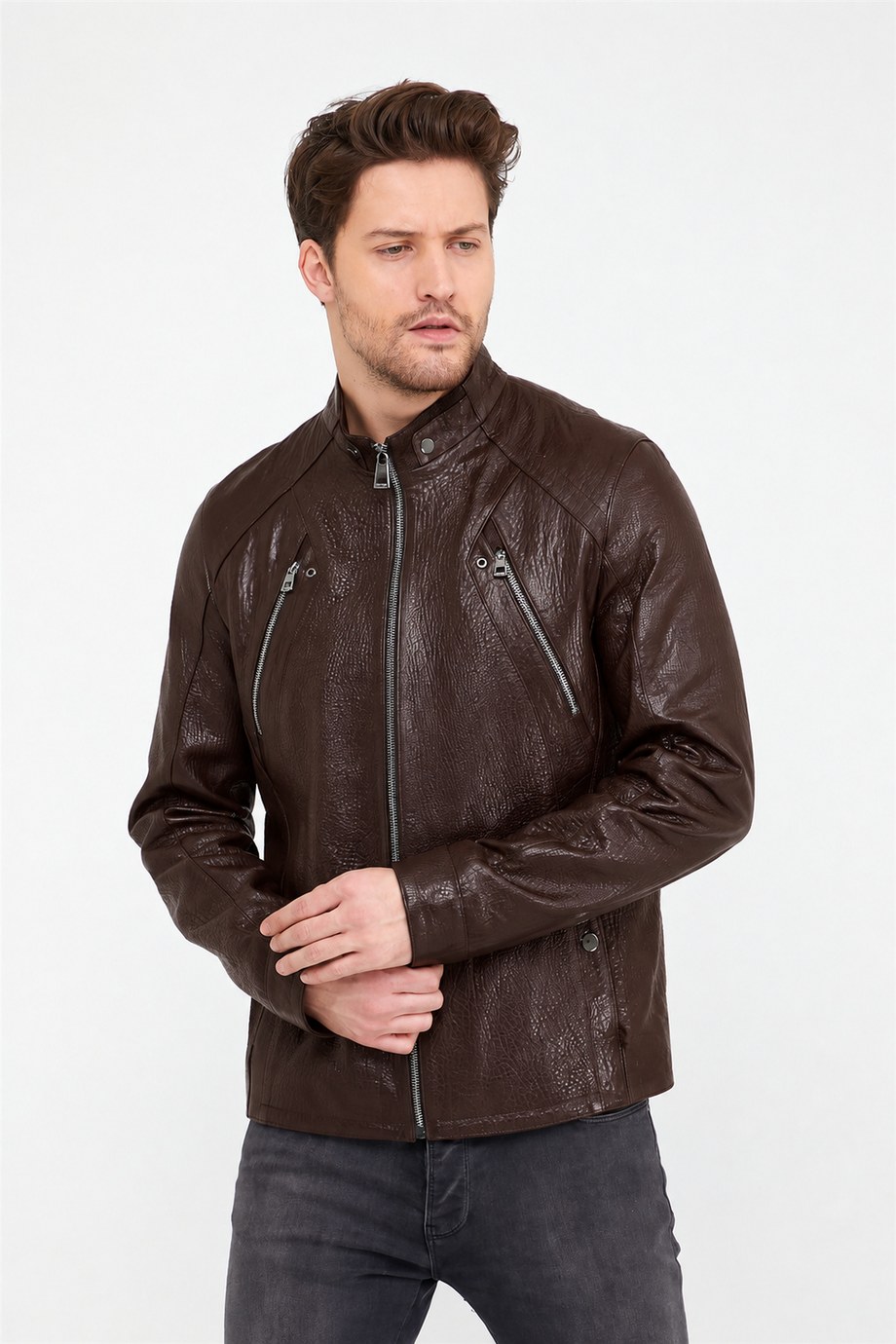 Kahve Racer Jumbo Deri Ceket, LC Leather Club