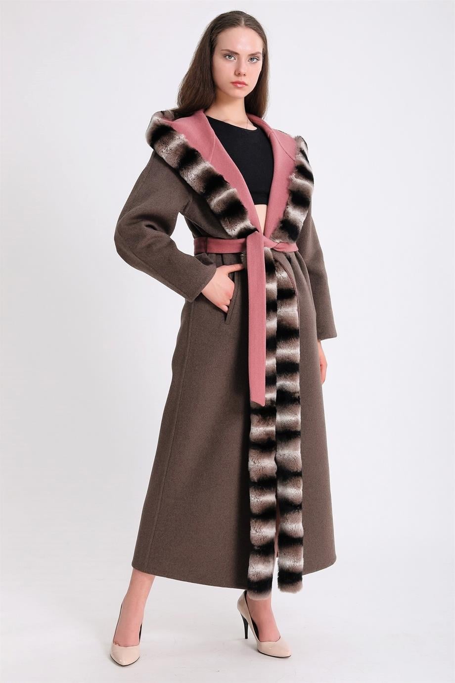 Manteau en alpaga brun avec garniture de fourrure rex, LC Leather Club