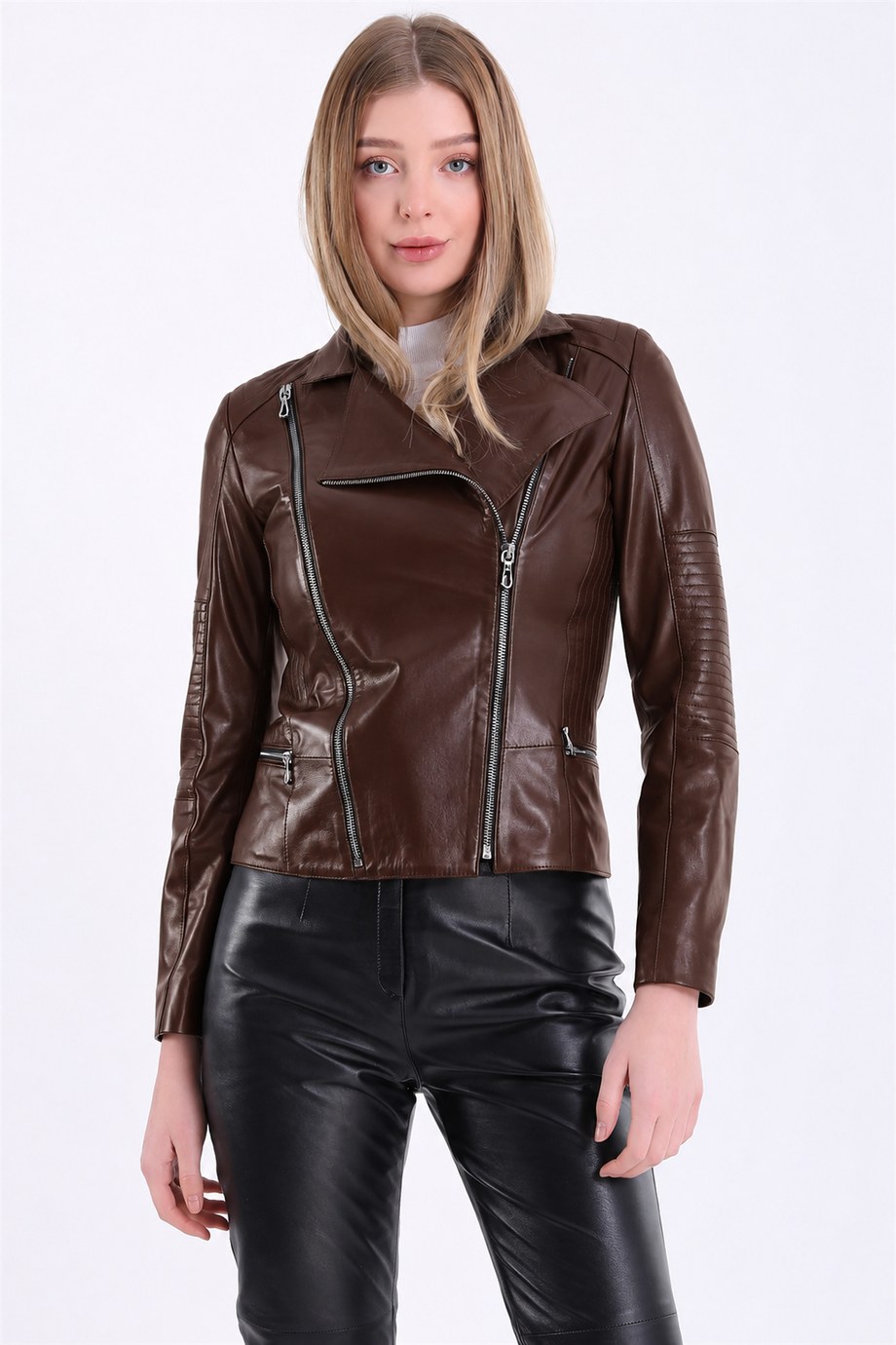 Kahve Şerit Detaylı Kruvaze Deri Ceket, LC Leather Club