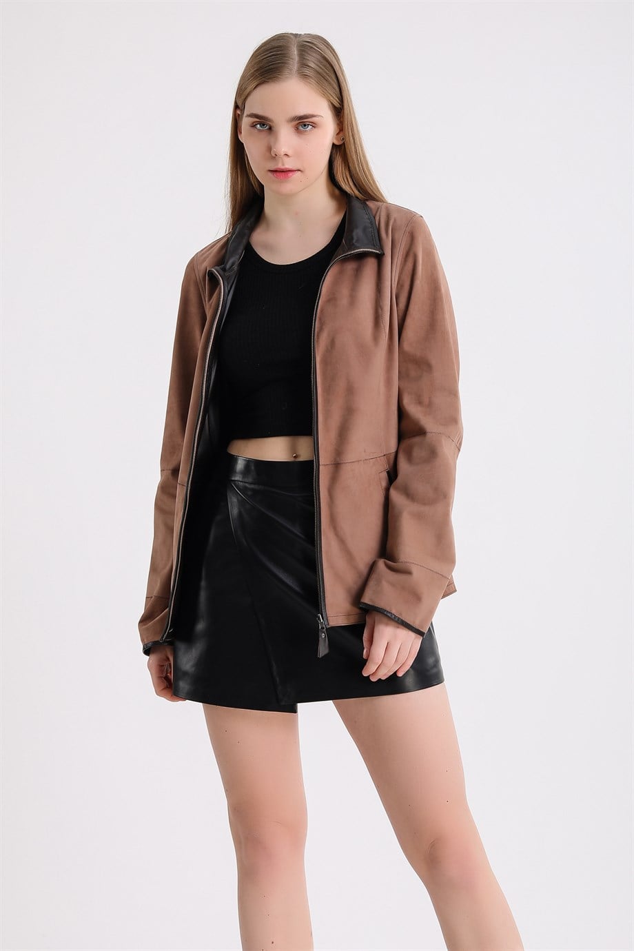 Veste en daim réversible marron et noire, LC Leather Club