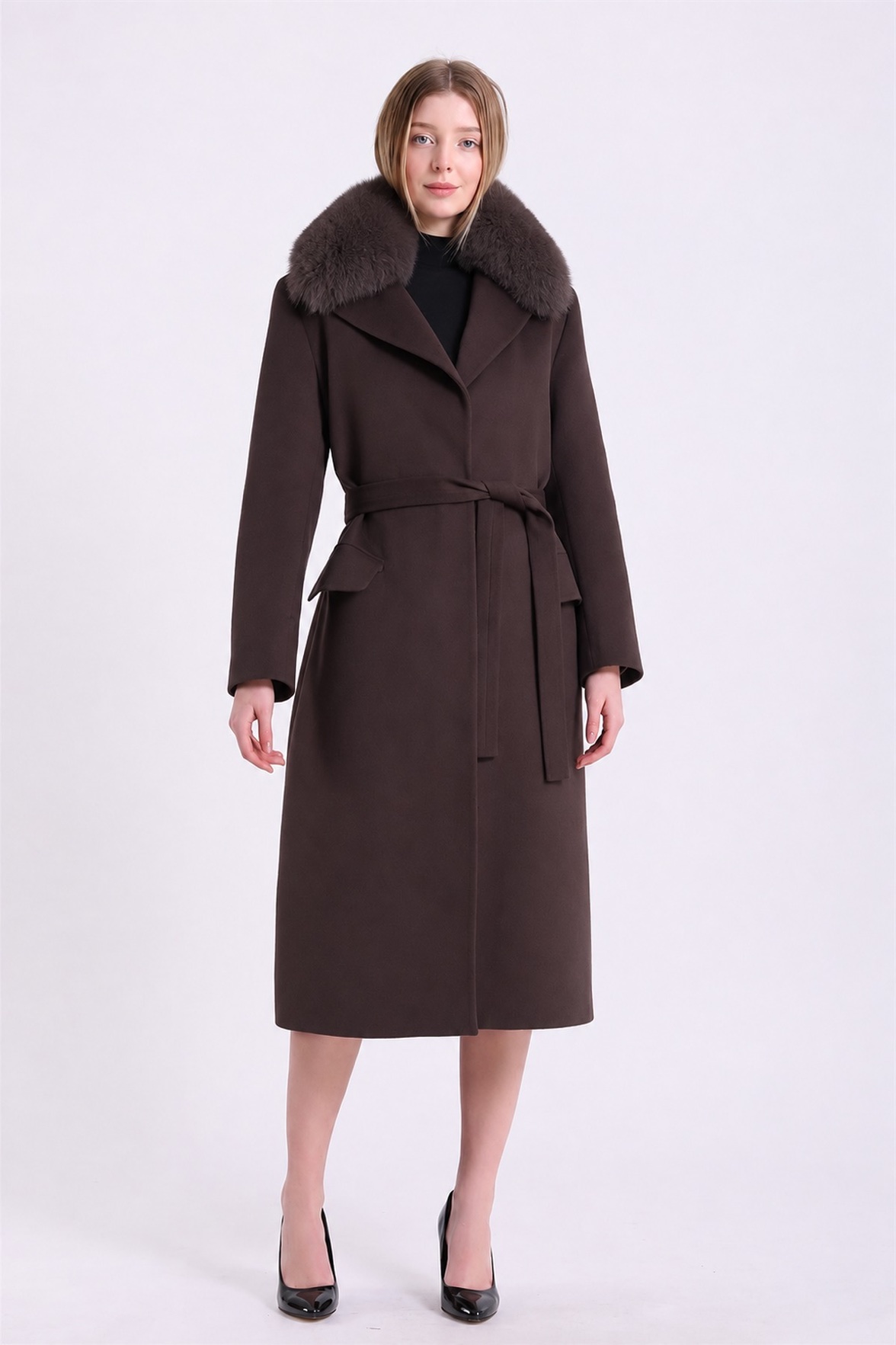 Manteau en cachemire marron garni de fourrure de renard, LC Leather Club