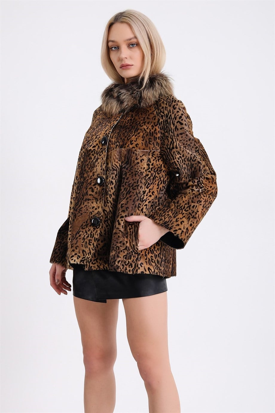 Leopard Print Fur Jacket with Brown Fox Fur Trim, LC Leather Club