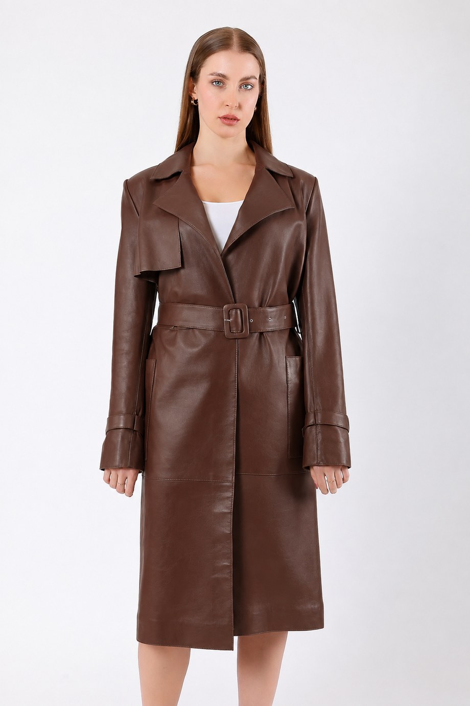 Kahve Uzun Trench Hakiki Deri Kaban, LC Leather Club
