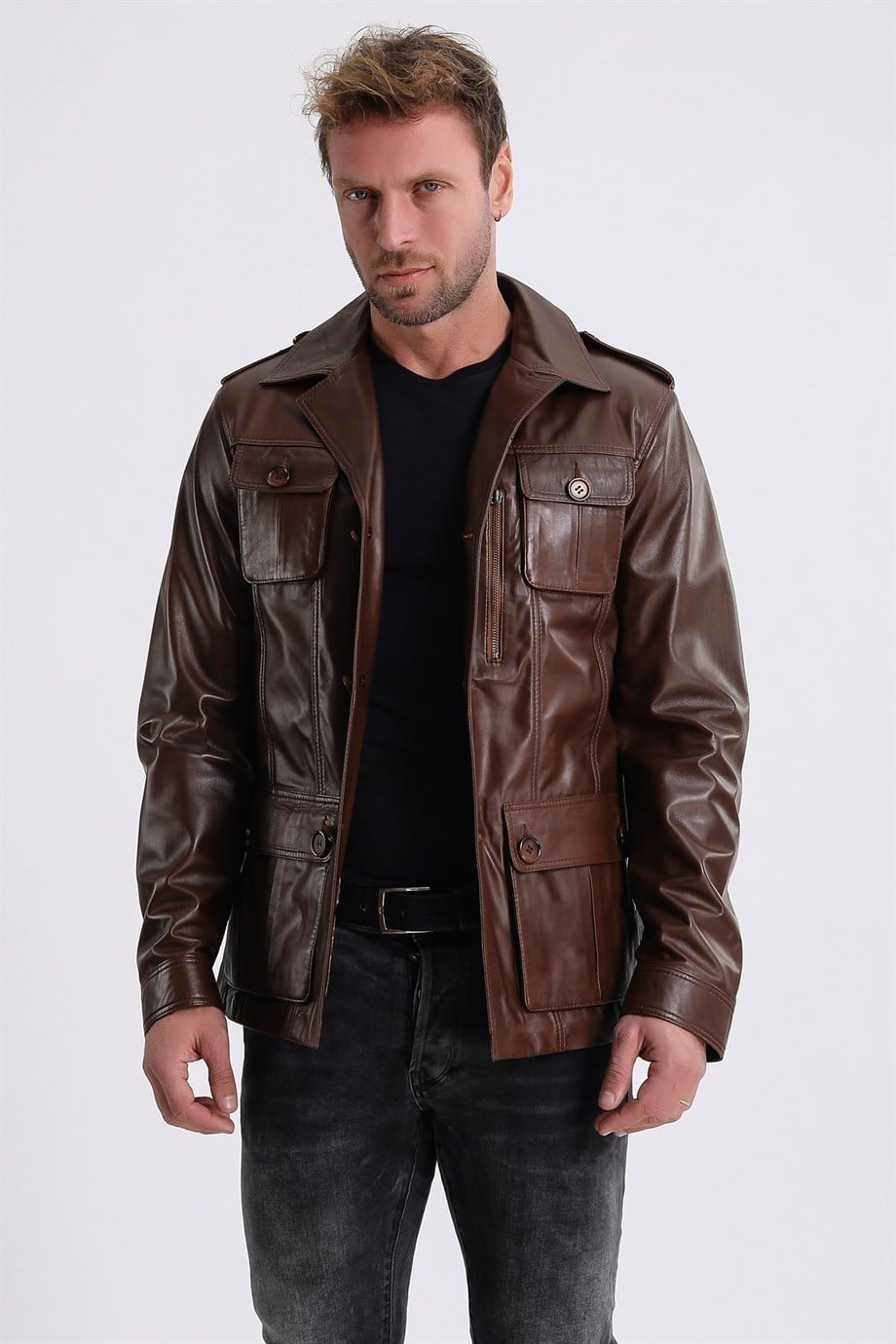 Veste Commander en cuir marron, LC Leather Club