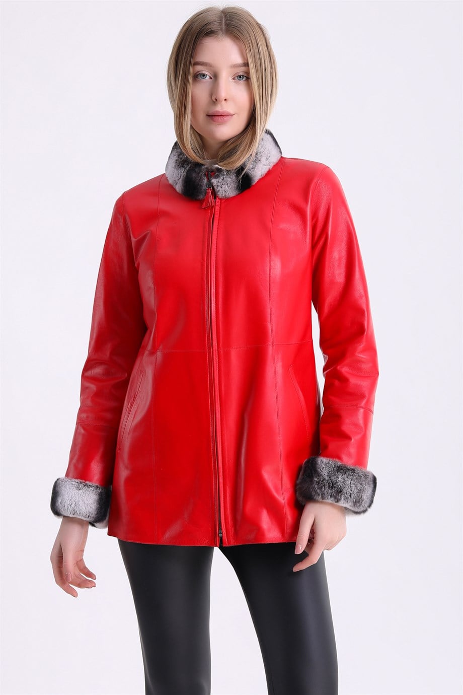 Rote beidseitige Lederjacke mit Rexbesatz, LC Leather Club