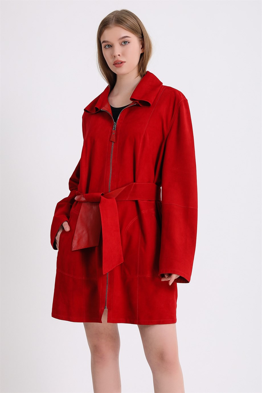 Manteau réversible rouge en daim et cuir, LC Leather Club