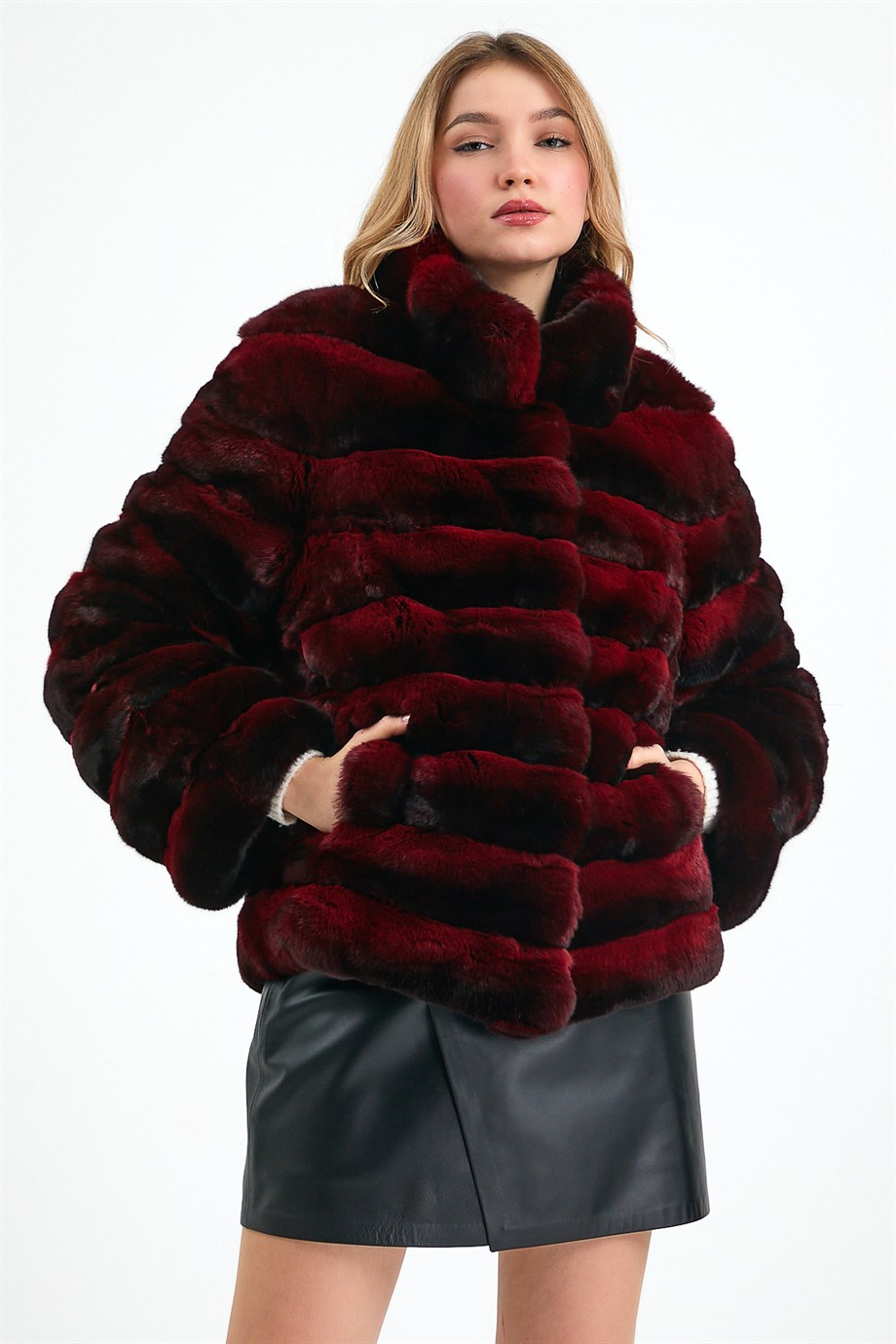 Veste en fourrure de chinchilla rouge, LC Leather Club
