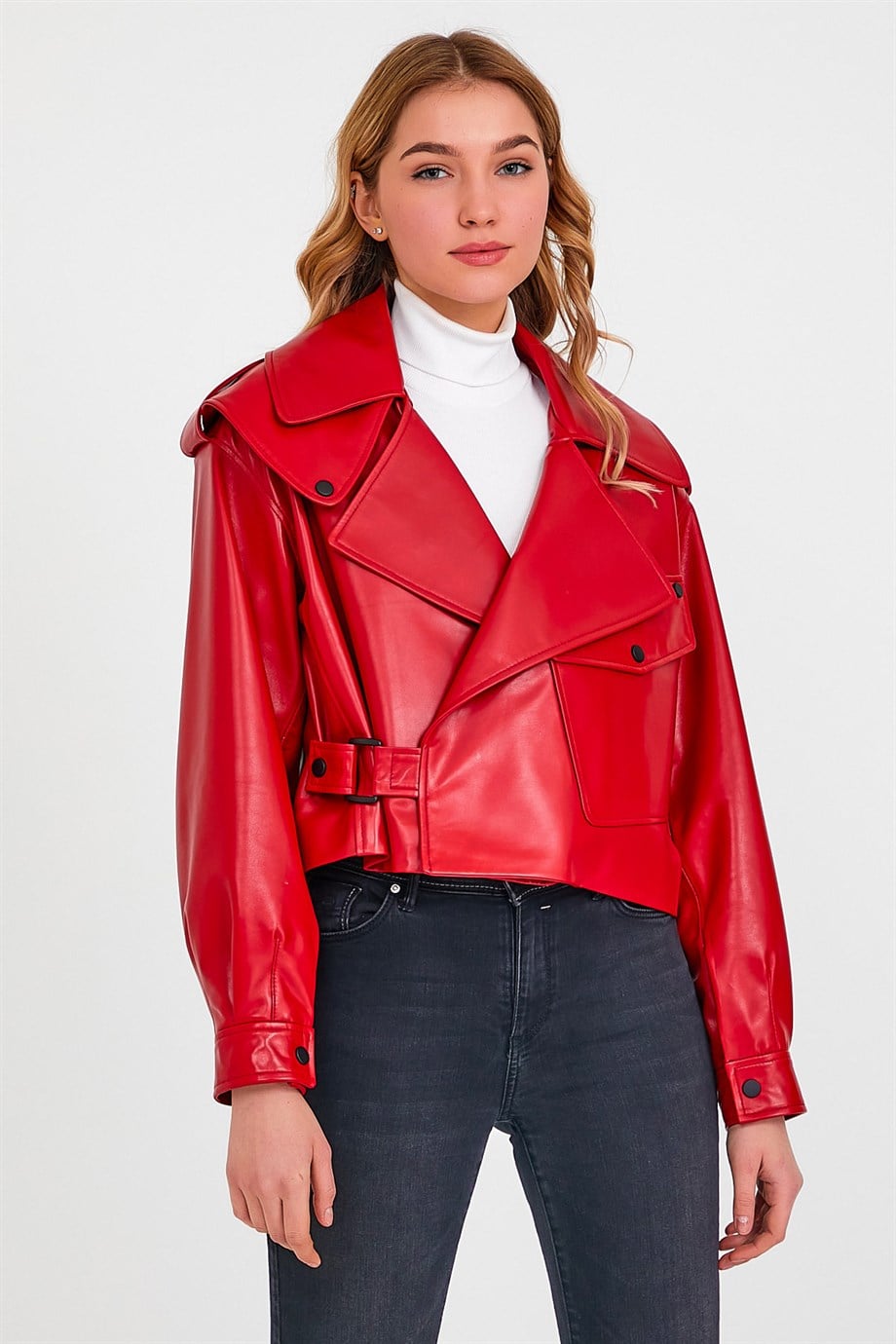 Veste en cuir rouge Crop, LC Leather Club