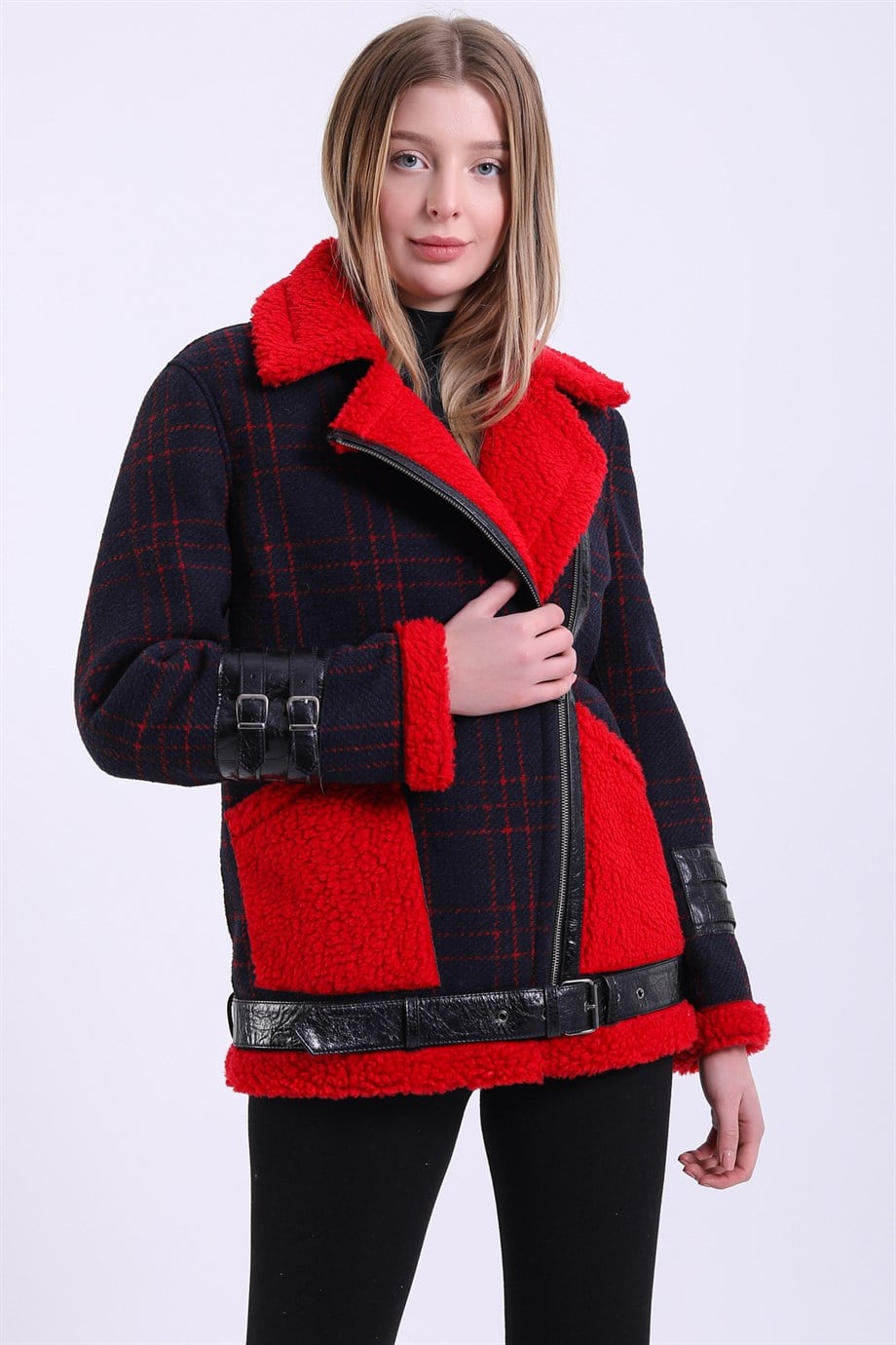 Blazer en laine d'agneau à carreaux rouge croisé, LC Leather Club
