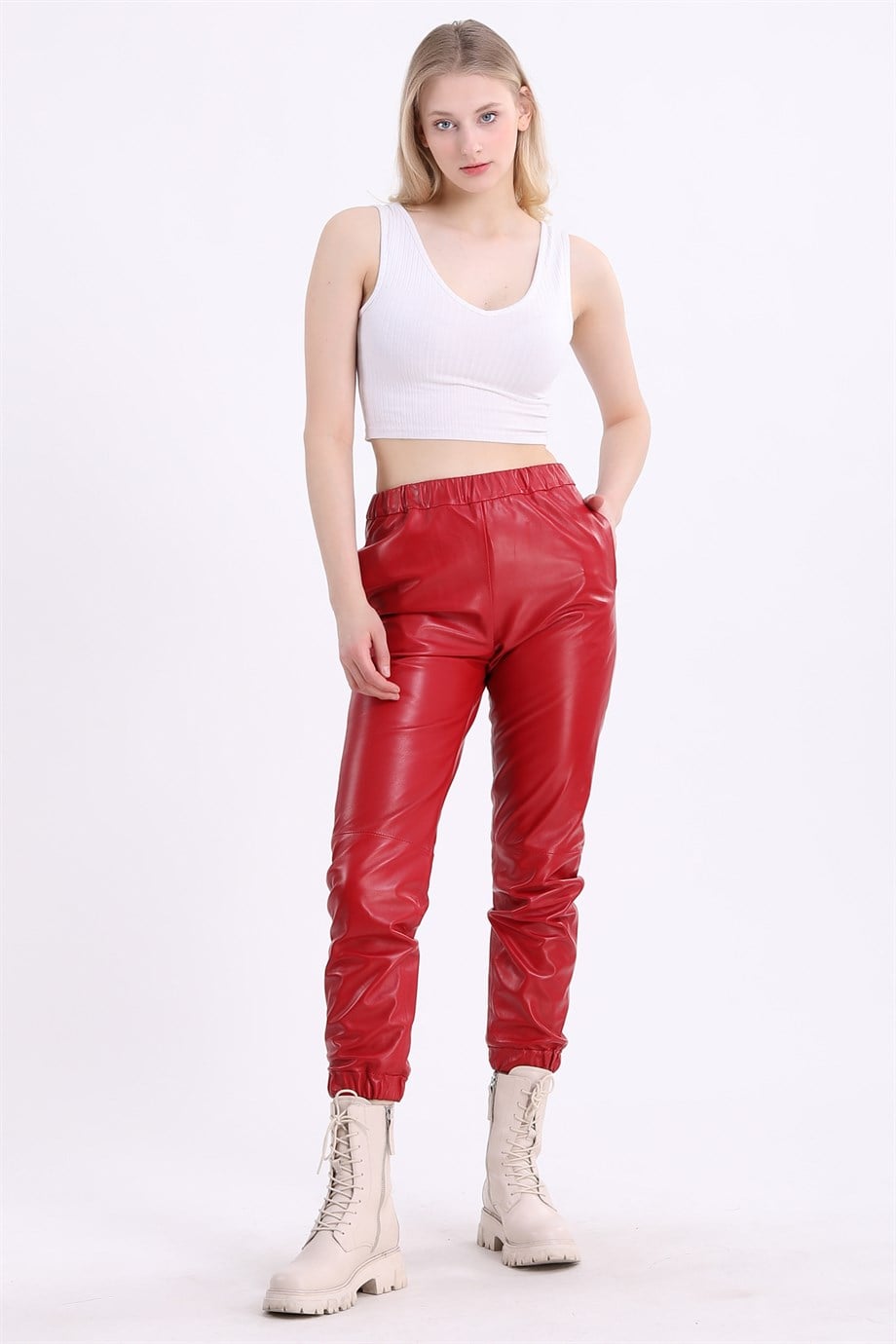 Pantalon en cuir rouge ajusté, LC Leather Club