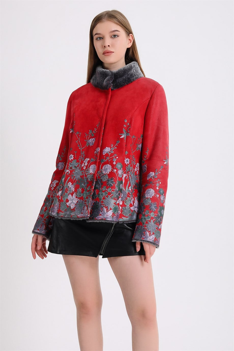 Red Floral Print Fur Coat, LC Leather Club