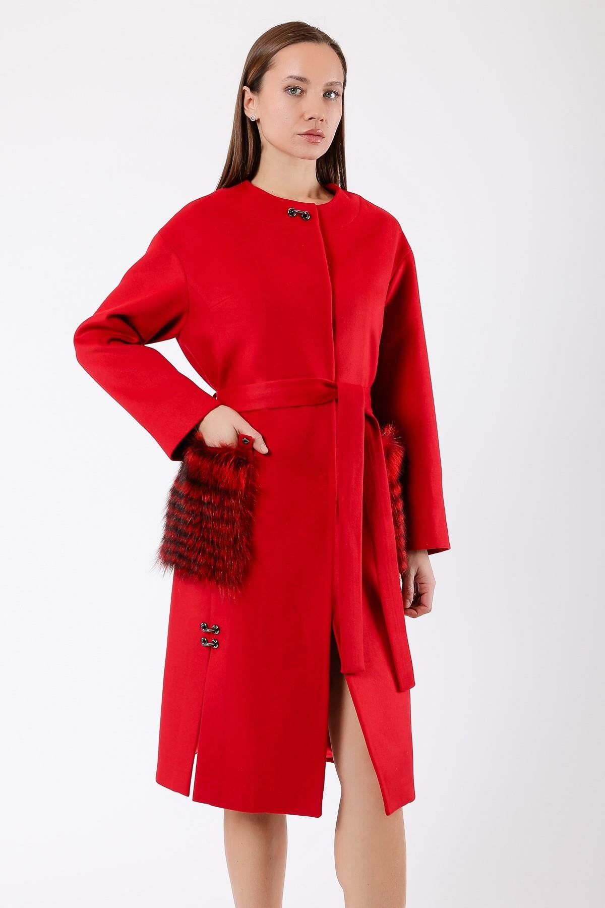 Manteau Cachemire avec garniture de fourrure de renard rouge, LC Leather Club