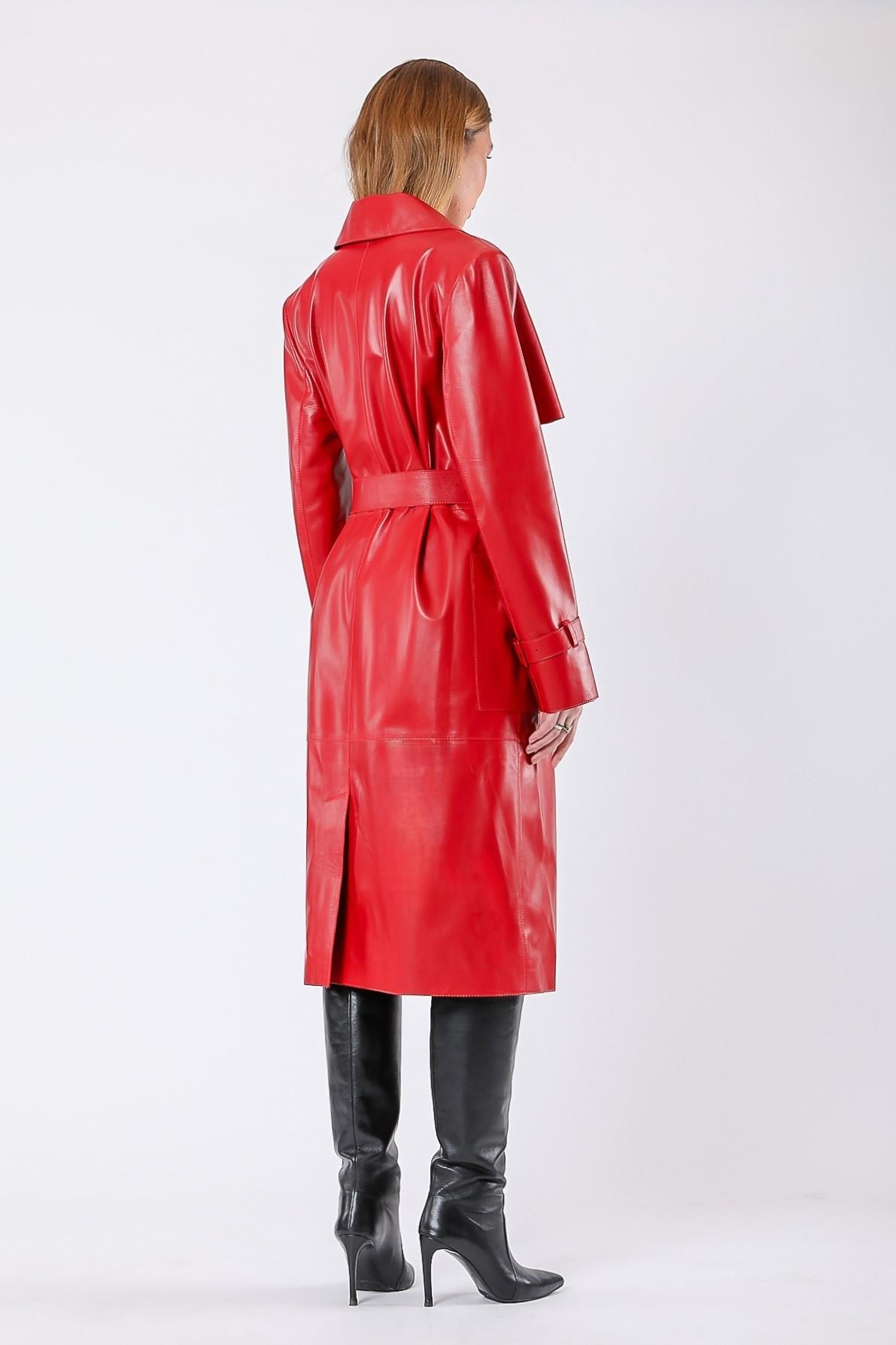 Red long genuine leather trench coat | LC Leather Club