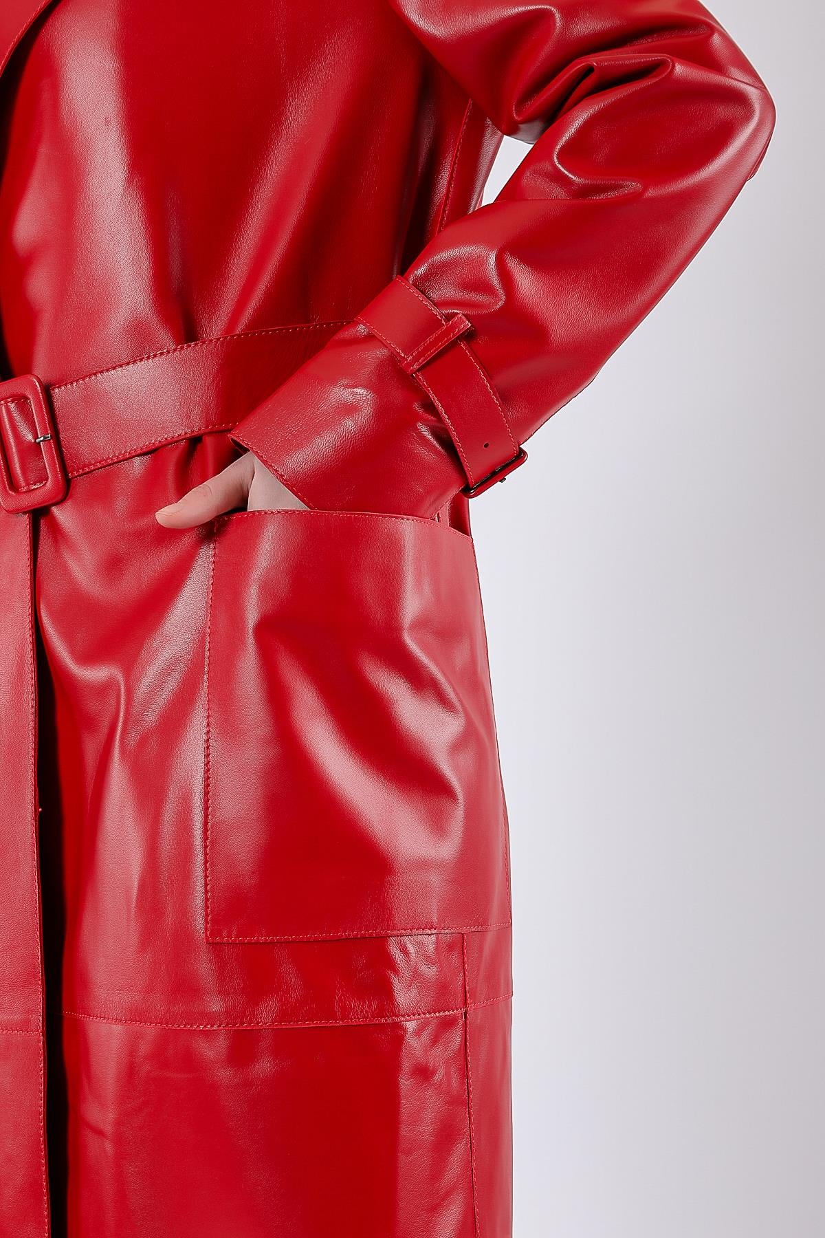 Red long genuine leather trench coat | LC Leather Club