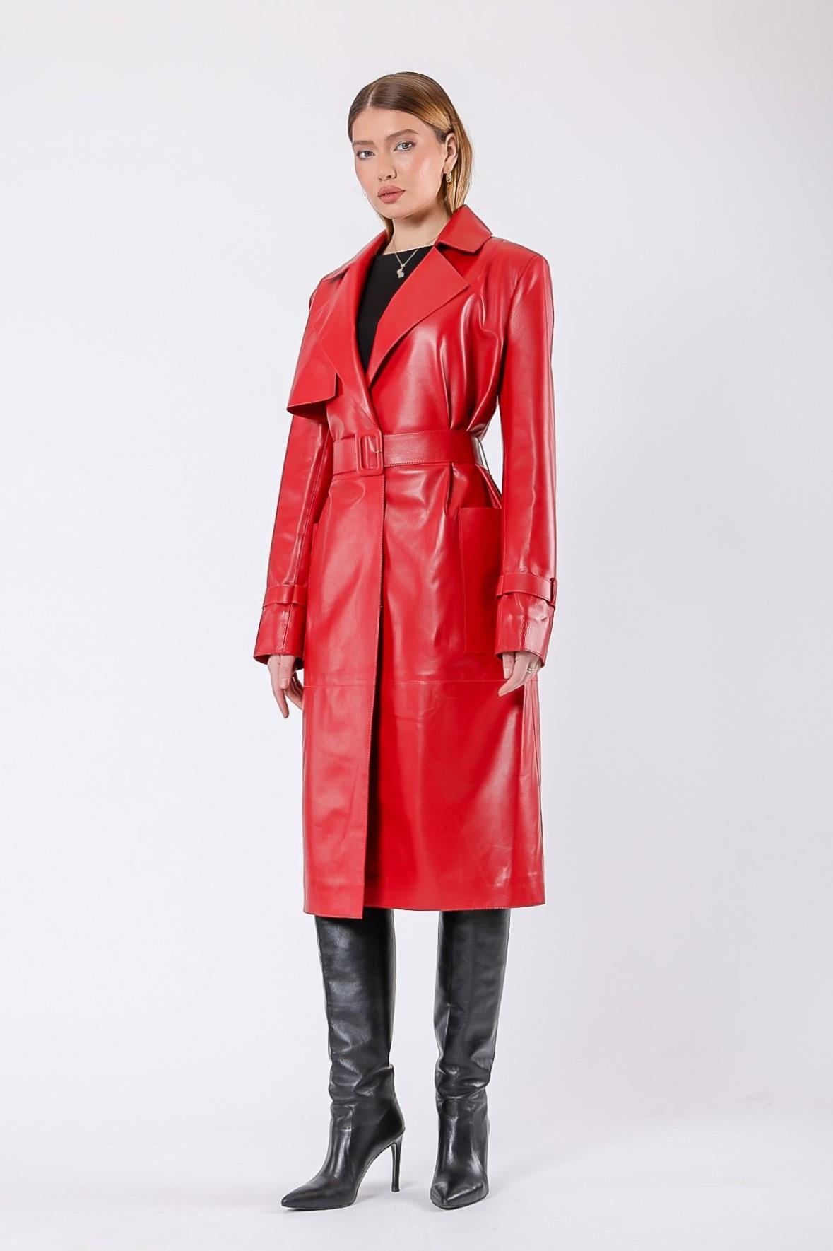 Trench-coat en cuir rouge authentique, LC Leather Club