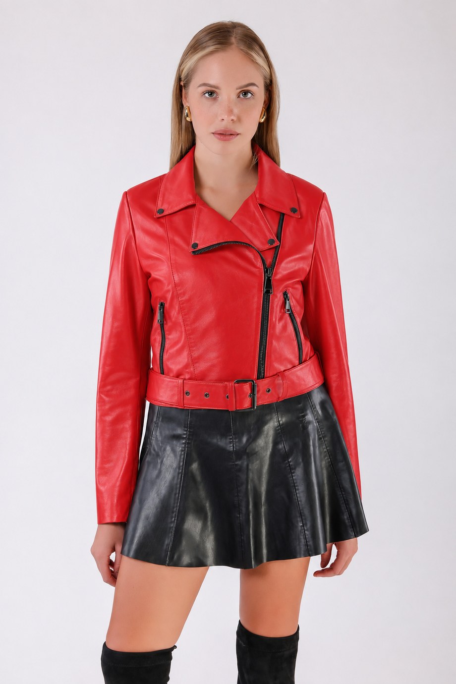 Kırmızı Kemerli Biker Deri Ceket, LC Leather Club