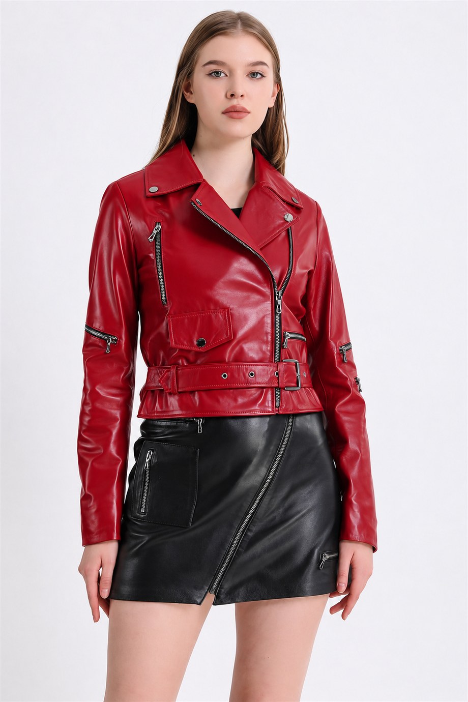 Kırmızı Kruvaze Biker Deri Ceket, LC Leather Club