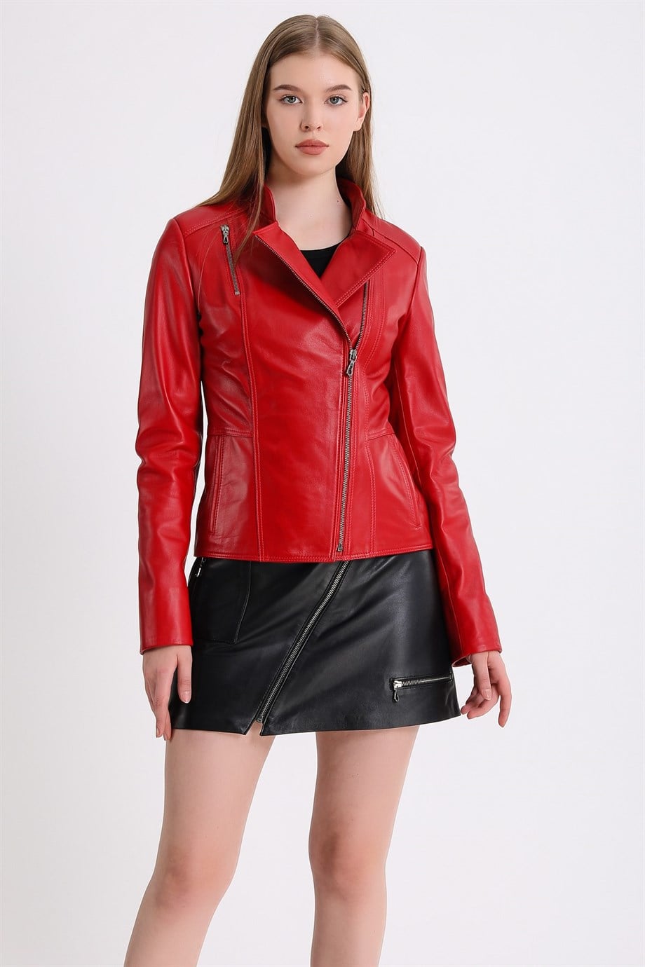 Veste en cuir rouge croisée, LC Leather Club
