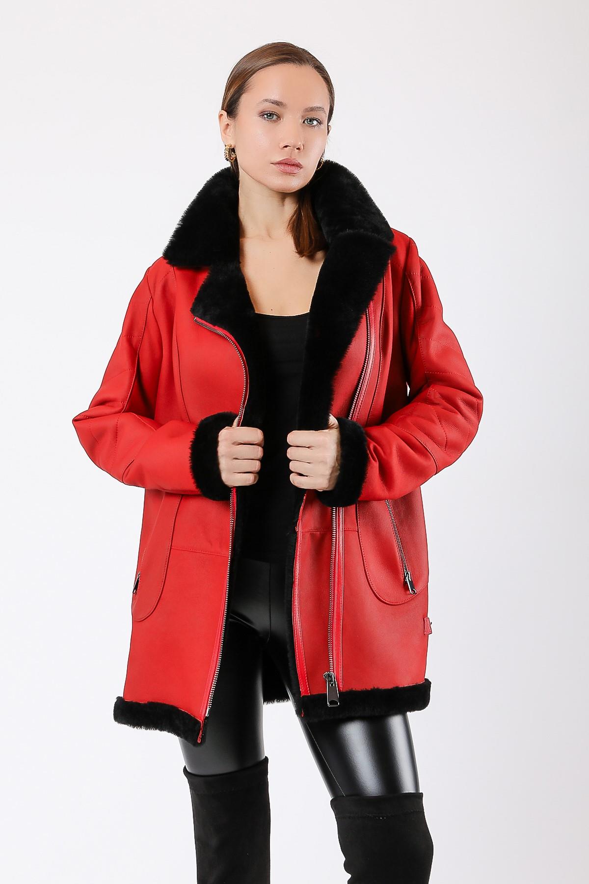 Red Fur-Lined Genuine Leather Coat, LC Leather Club